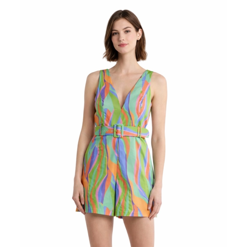 NWT Hutch Multi Color Sleeveless Belted V Neck Romper